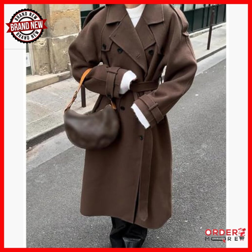 Women's Winter Peacoat Trench Coat Double Breasted Belted Long Sleeve - Picture 6 of 6